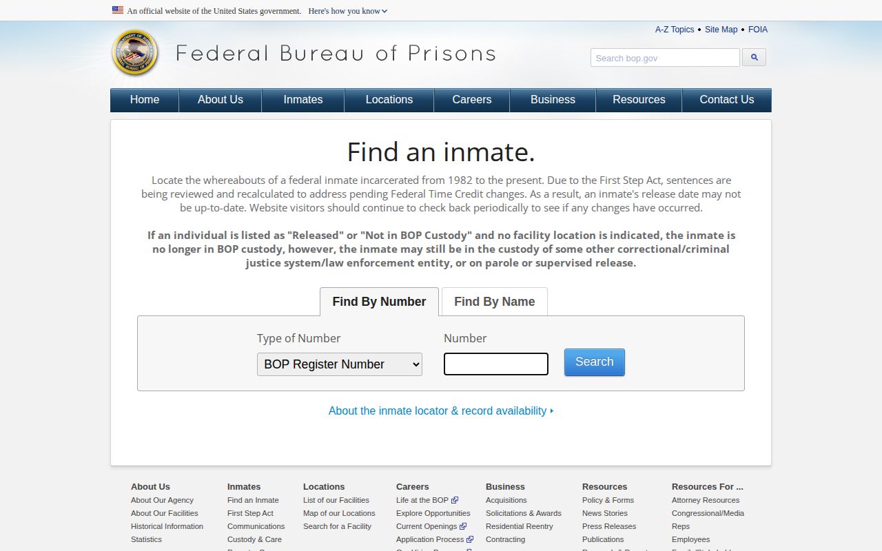 Federal Bureau of Prisons Inmate Locator page