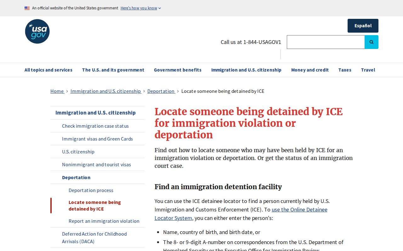 USA.gov guidance for locating someone detained by ICE